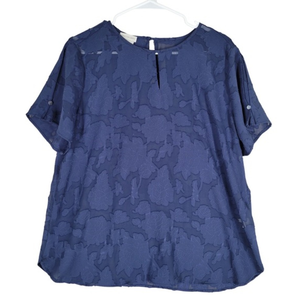 Van Heusen Floral Burnout Blouse Womens Large Navy Blue Sheer Keyhole Neck Offic